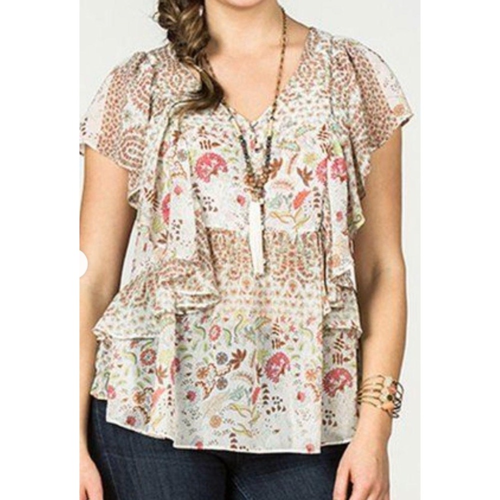 Matilda Jane Blouse Women M Cream Floral Excellent Ruffle Tiered Boho Top